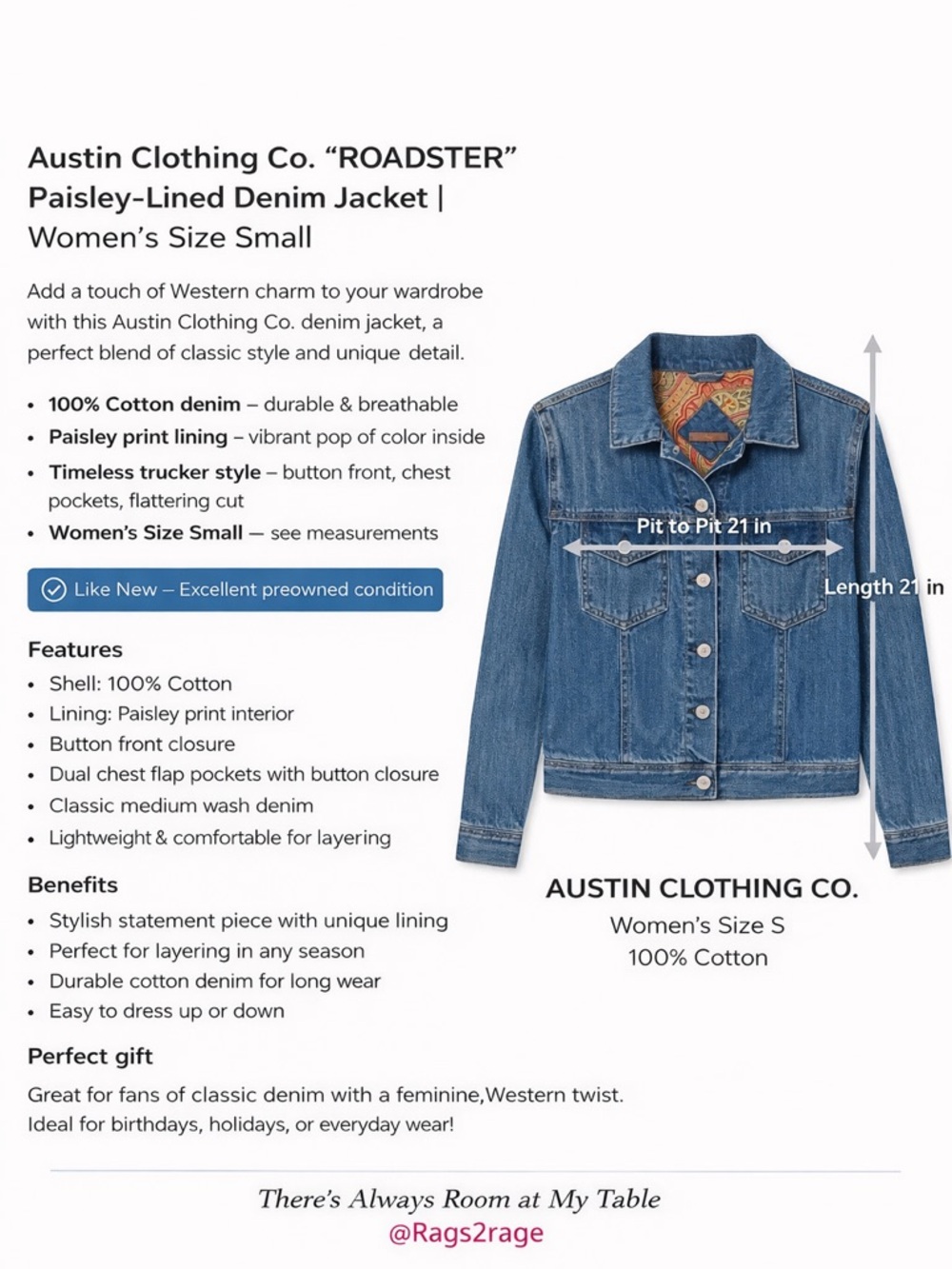 Austin Clothing Co Paisley Lined Button Front Jean Jacket Size Small - Picture 4 of 13